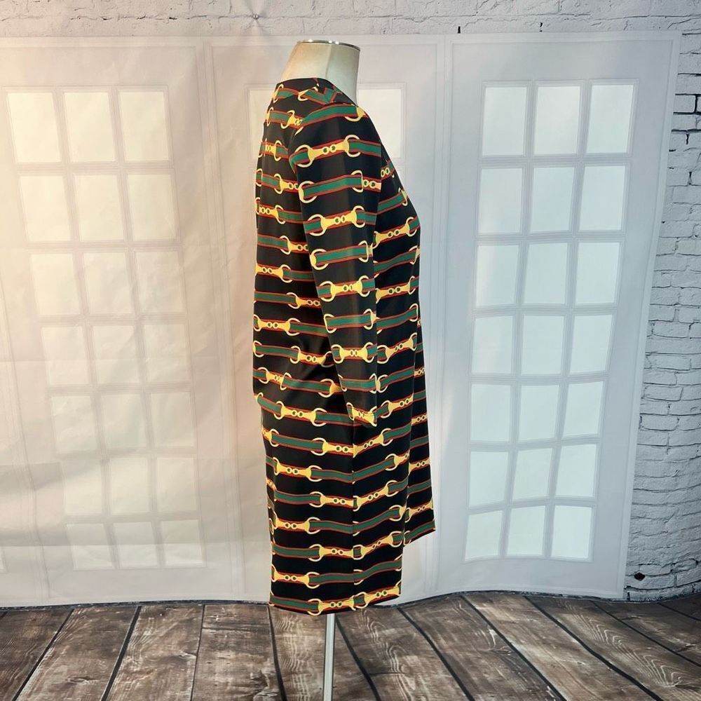 Sailor-Sailor black 3/4 sleeve red green striped chain print shift dress size sm - Picture 4 of 9